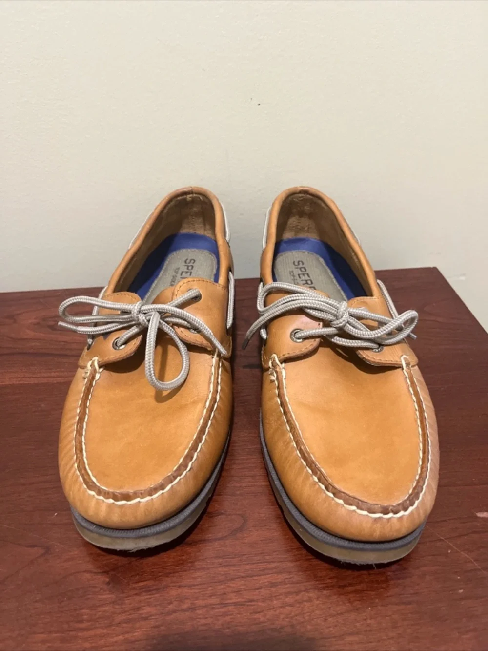 Sperry Tan Leather 2-Eye Boat Shoes with Gray Laces